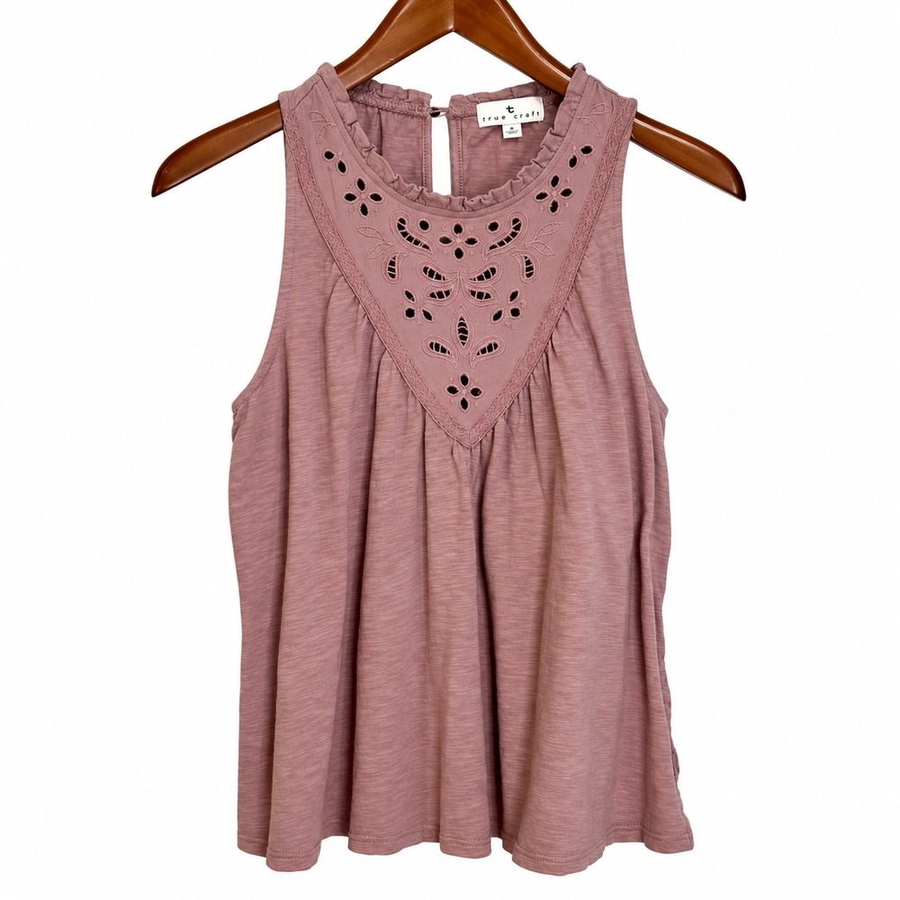 True Craft Mauve Pink Eyelet Lace Ruffle Neck Sleeveless Boho Blouse Small